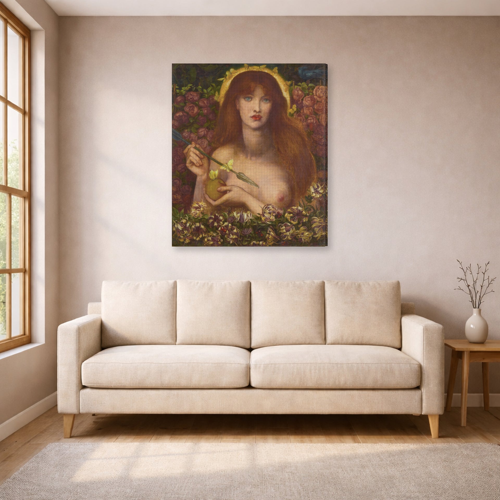 Gallery-wrapped canvas print of Dante Gabriel Rossetti's Venus Verticordia displayed on a wall in a living room
