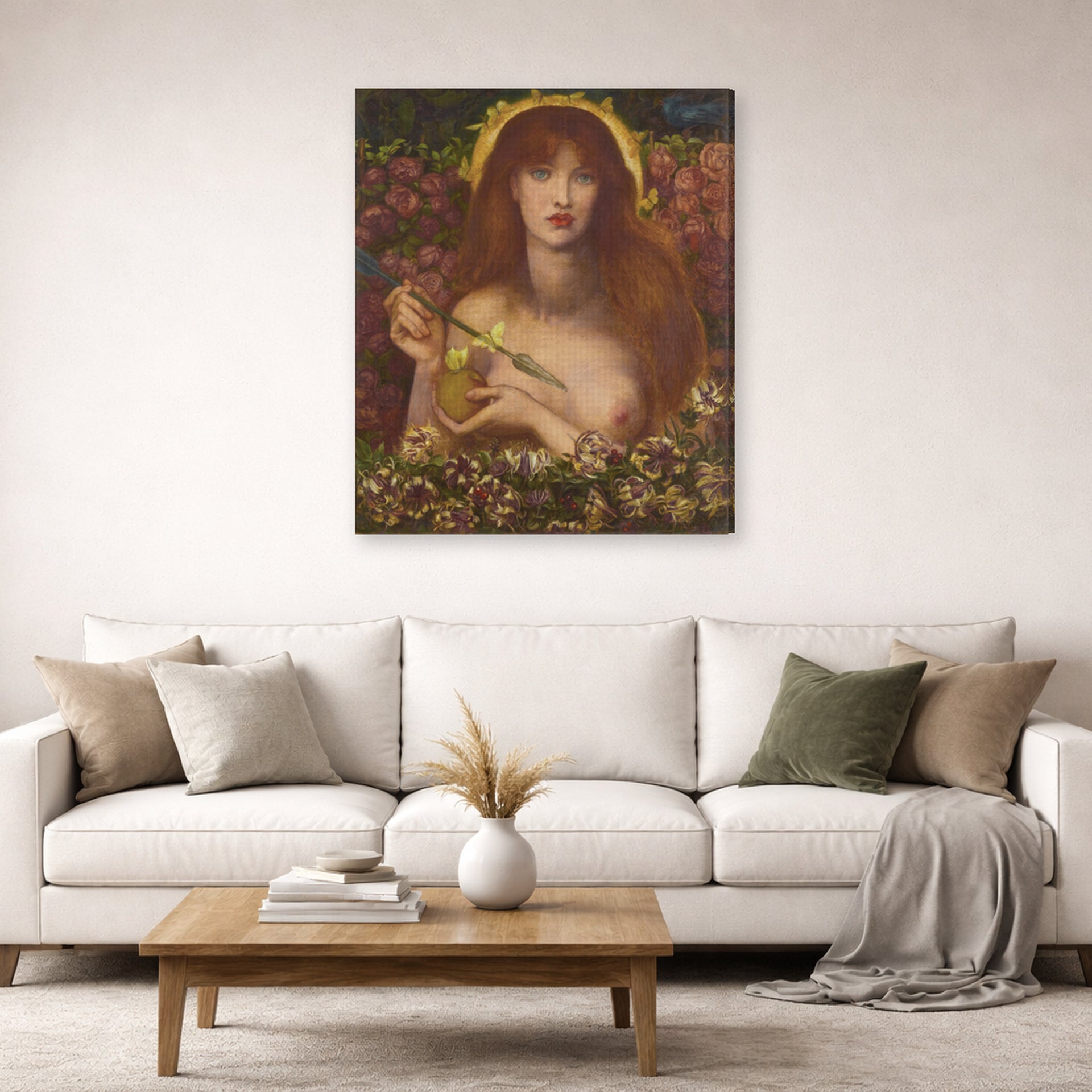 Gallery-wrapped canvas print of Dante Gabriel Rossetti's Venus Verticordia displayed on a wall in a living room