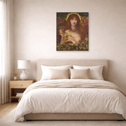 Unframed poster print of Dante Gabriel Rossetti's Venus Verticordia displayed on a wall in a bedroom