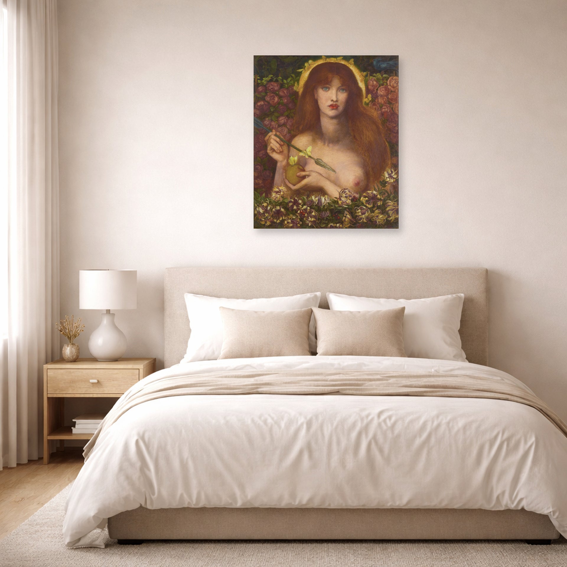 Unframed poster print of Dante Gabriel Rossetti's Venus Verticordia displayed on a wall in a bedroom