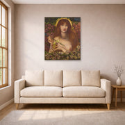 Unframed poster print of Dante Gabriel Rossetti's Venus Verticordia displayed on a wall in a living room