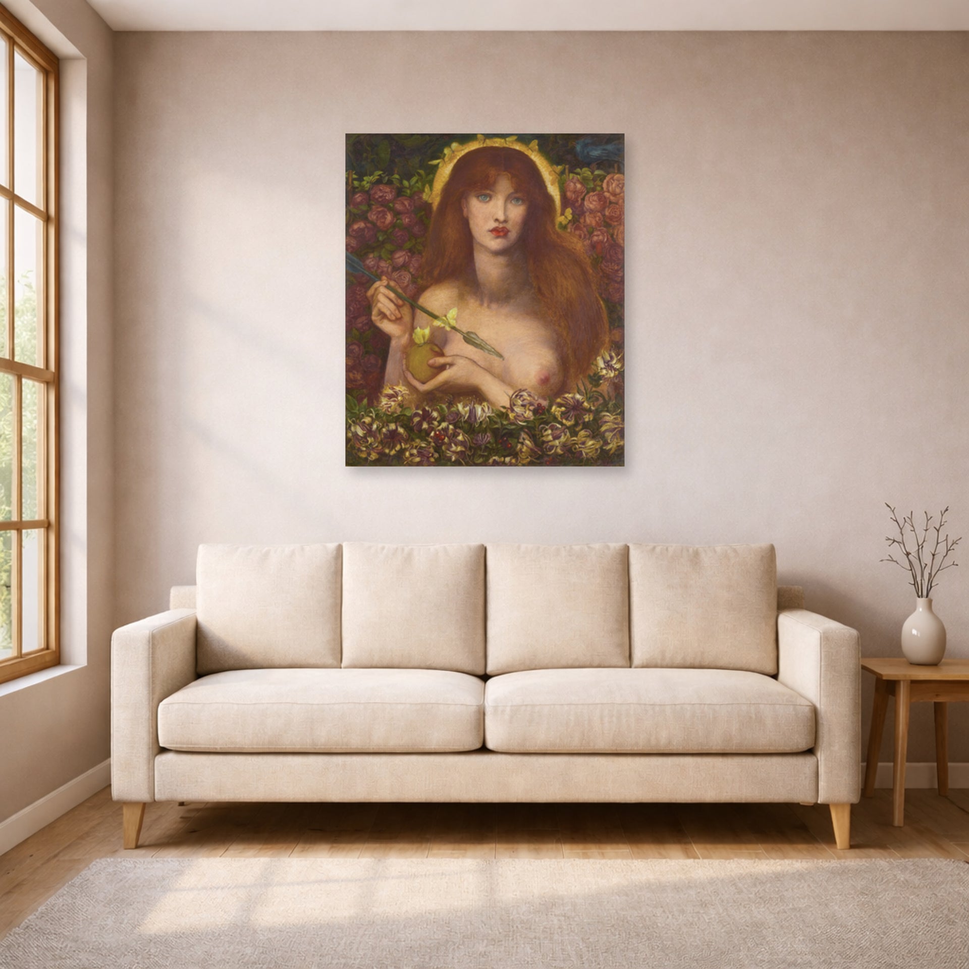 Unframed poster print of Dante Gabriel Rossetti's Venus Verticordia displayed on a wall in a living room