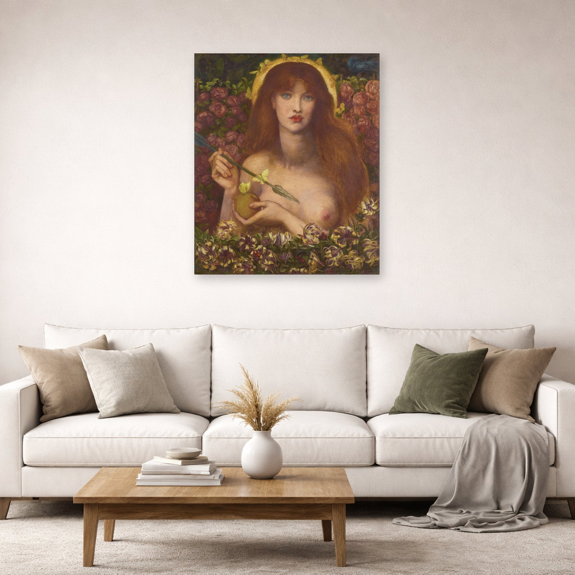 Unframed poster print of Dante Gabriel Rossetti's Venus Verticordia displayed on a wall in a living room