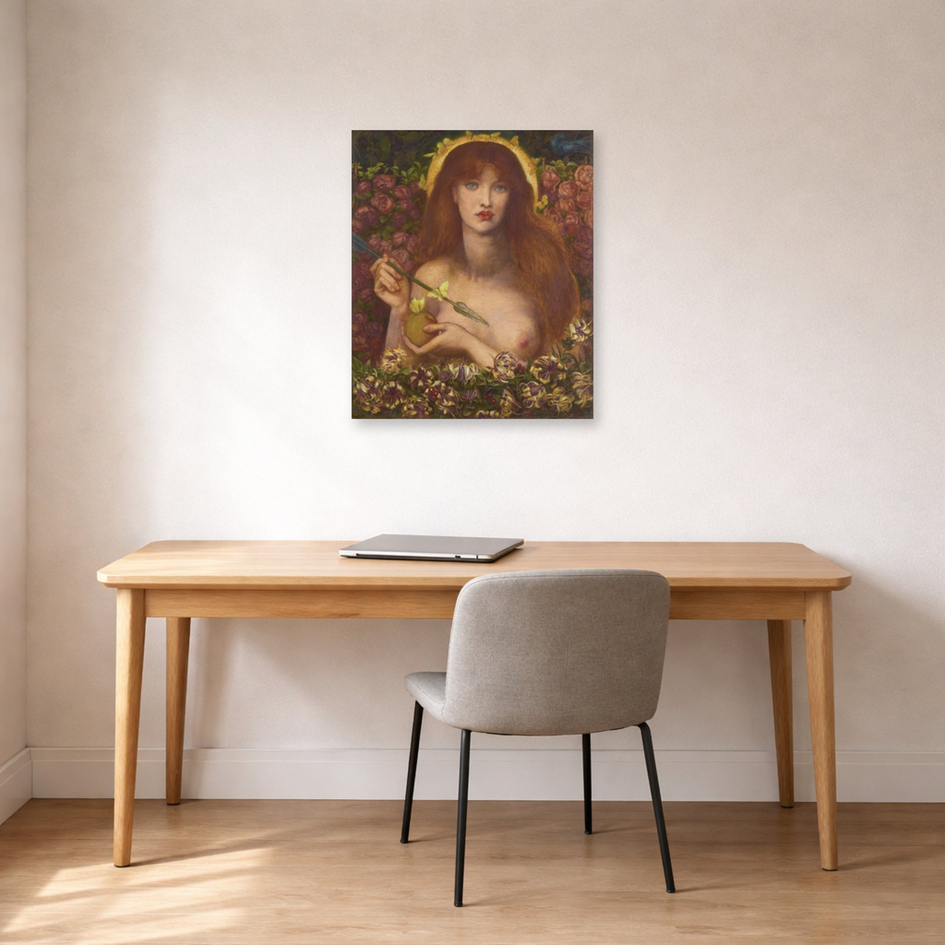 Unframed poster print of Dante Gabriel Rossetti's Venus Verticordia displayed on a wall in a office