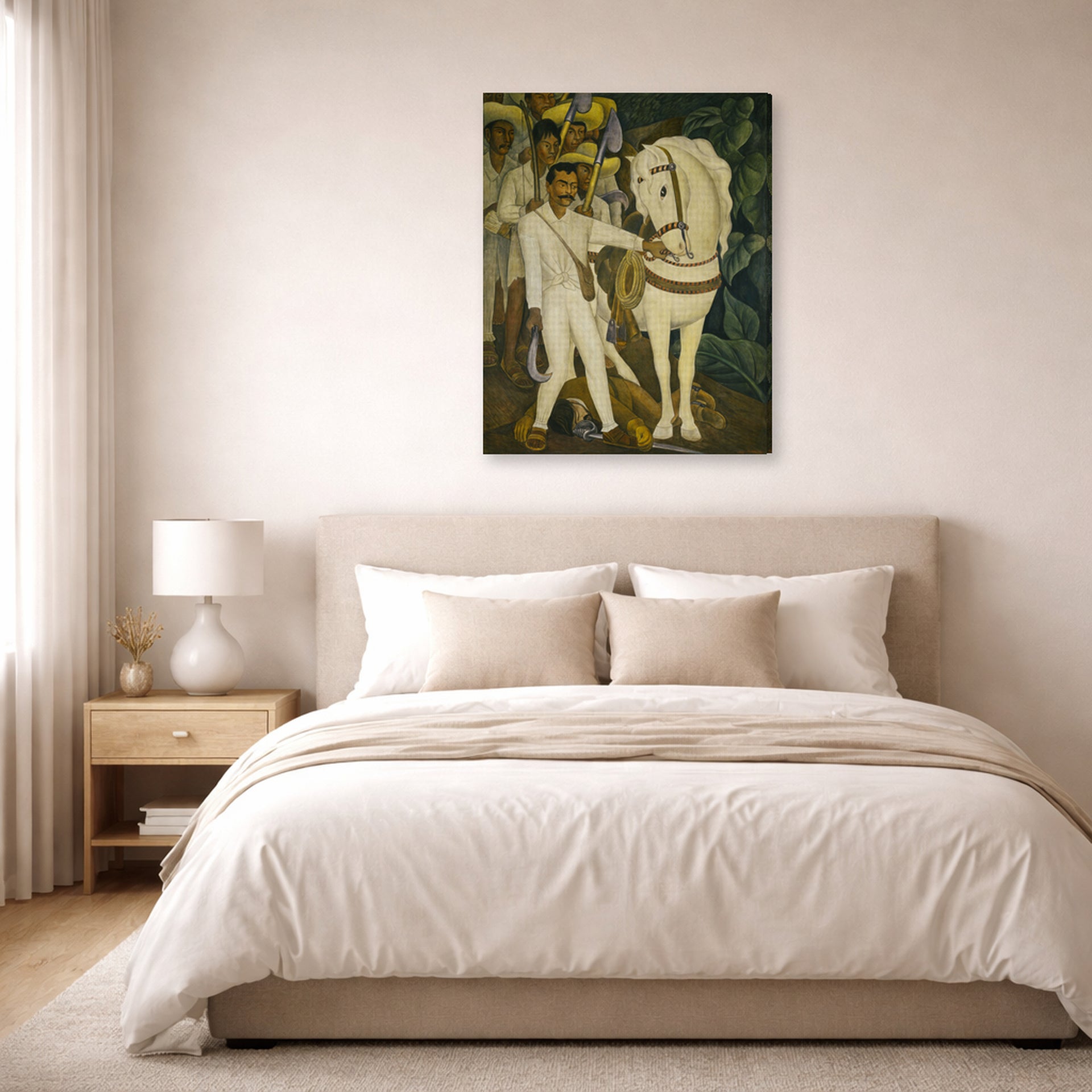 Gallery-wrapped canvas print of Diego Rivera's Agrarian Leader Zapata displayed on a wall in a bedroom