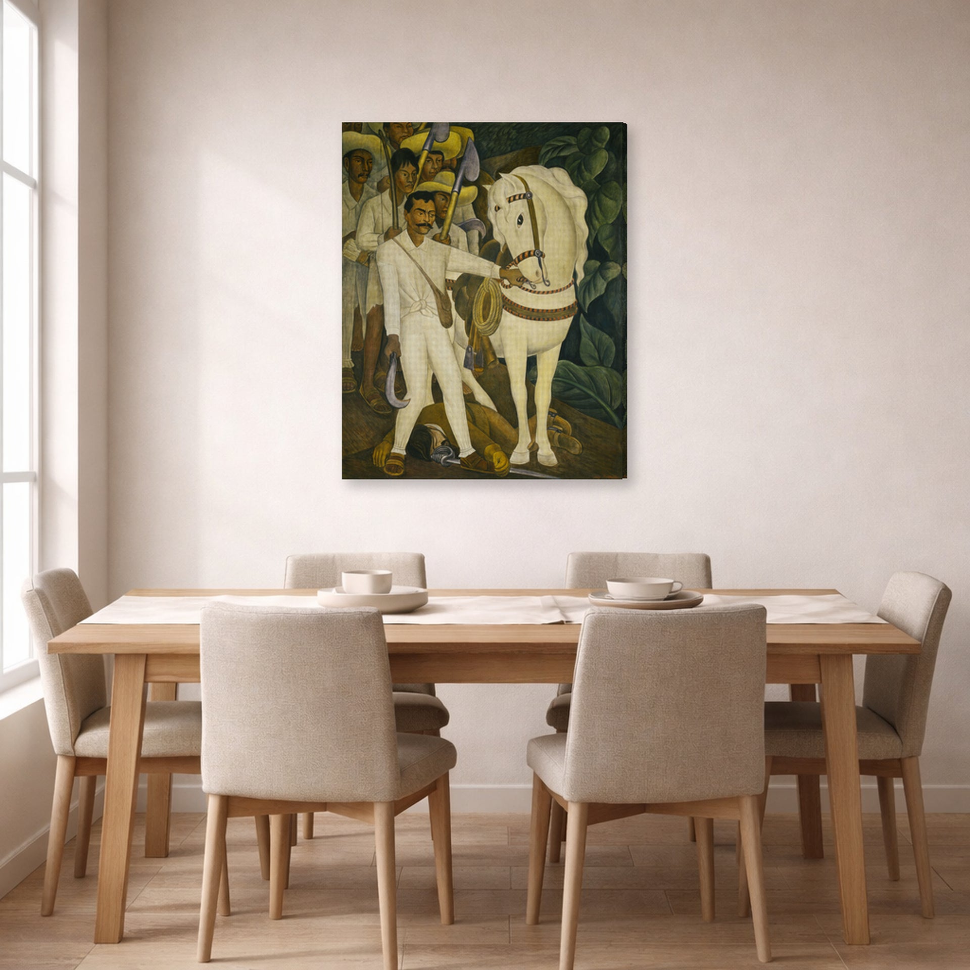 Gallery-wrapped canvas print of Diego Rivera's Agrarian Leader Zapata displayed on a wall in a dining room