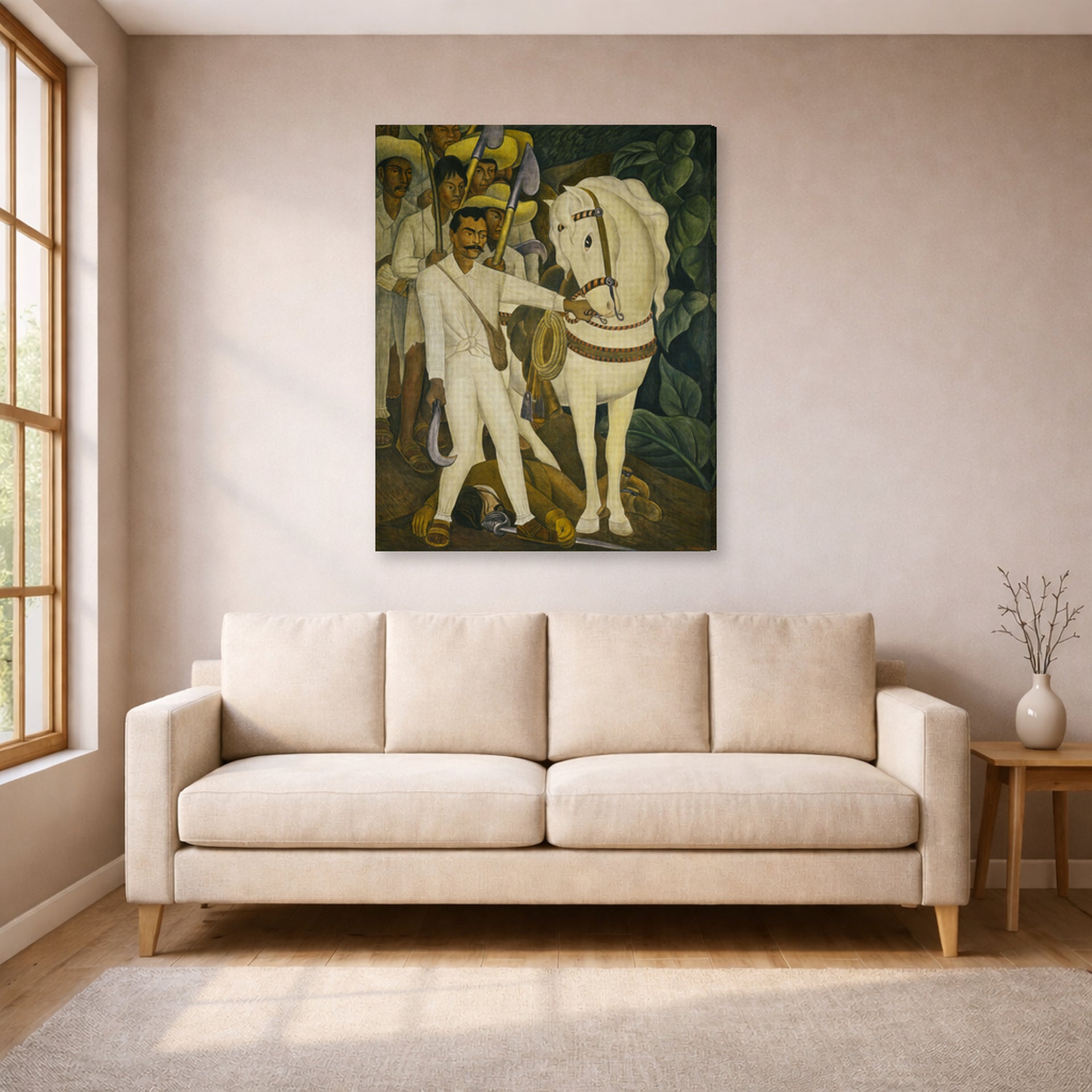 Gallery-wrapped canvas print of Diego Rivera's Agrarian Leader Zapata displayed on a wall in a living room