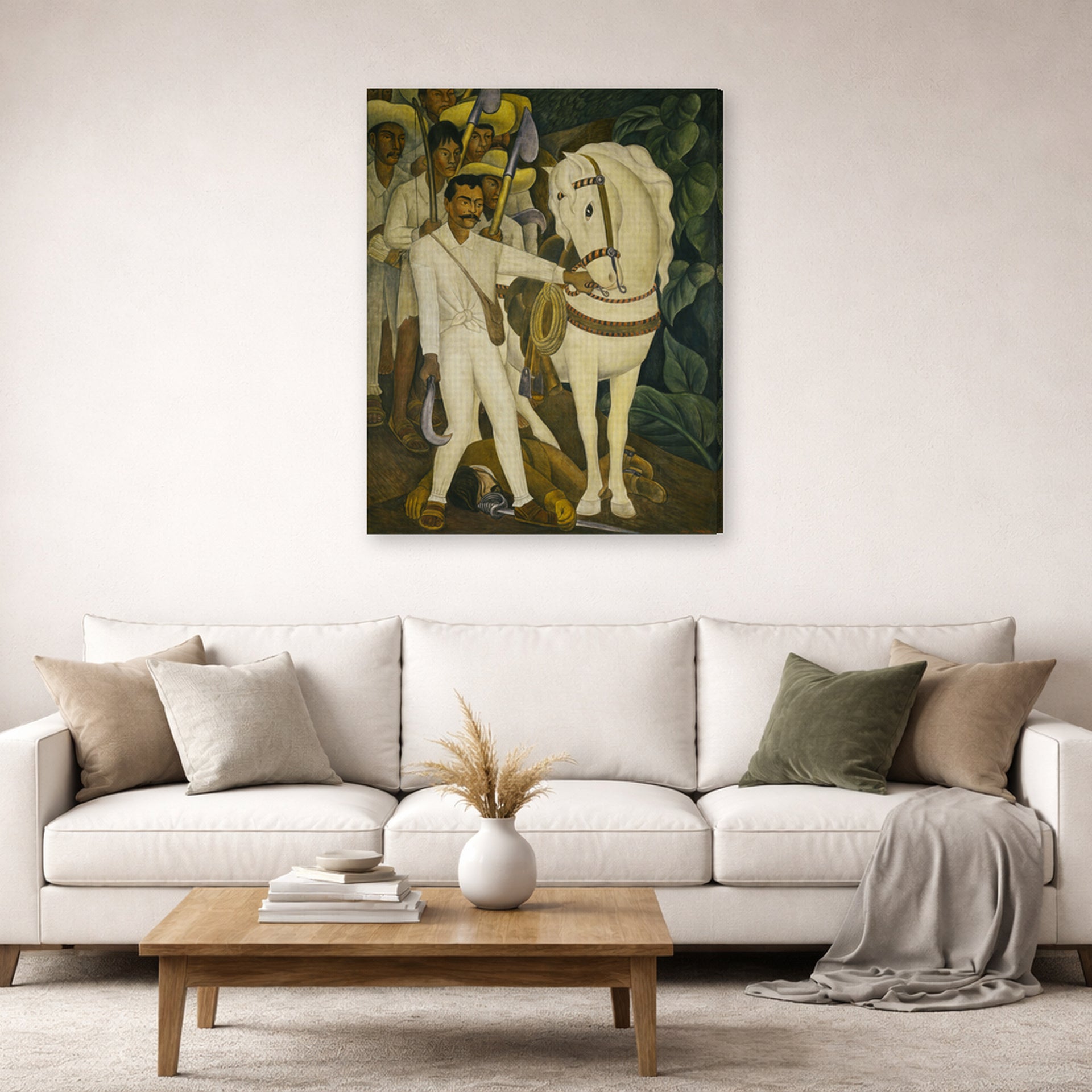 Gallery-wrapped canvas print of Diego Rivera's Agrarian Leader Zapata displayed on a wall in a living room