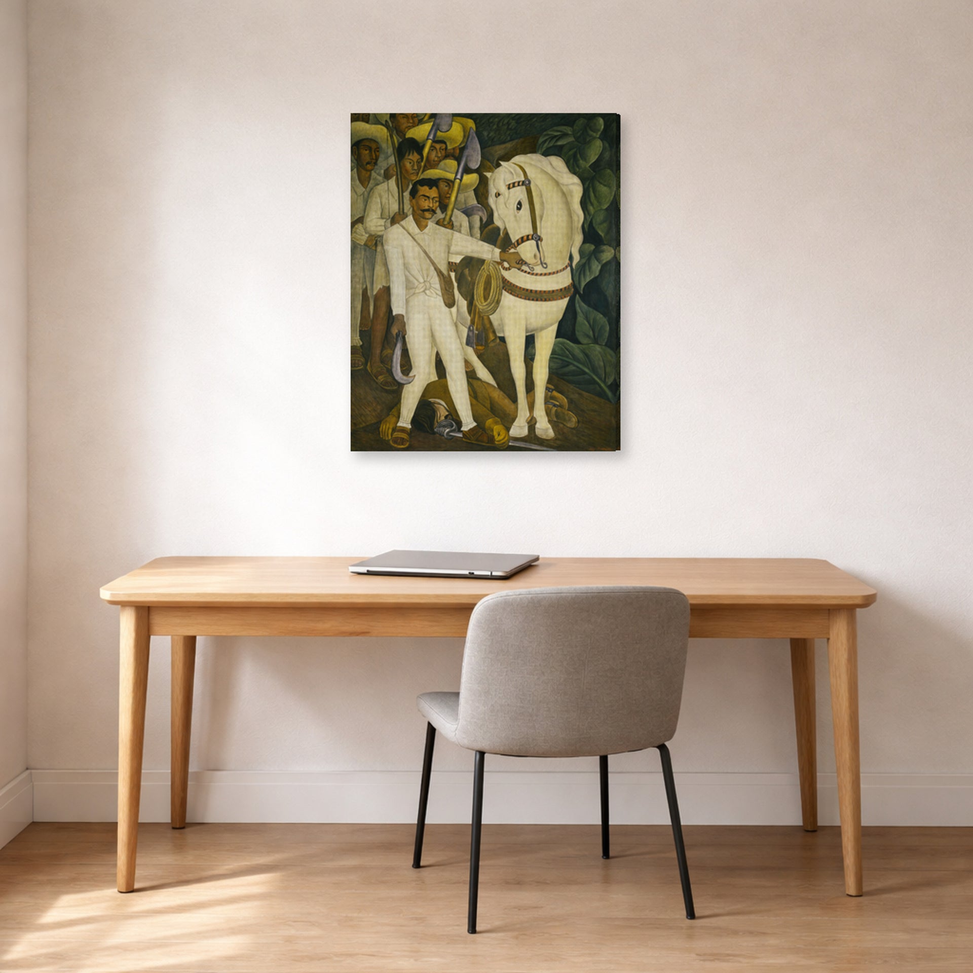 Gallery-wrapped canvas print of Diego Rivera's Agrarian Leader Zapata displayed on a wall in a home office