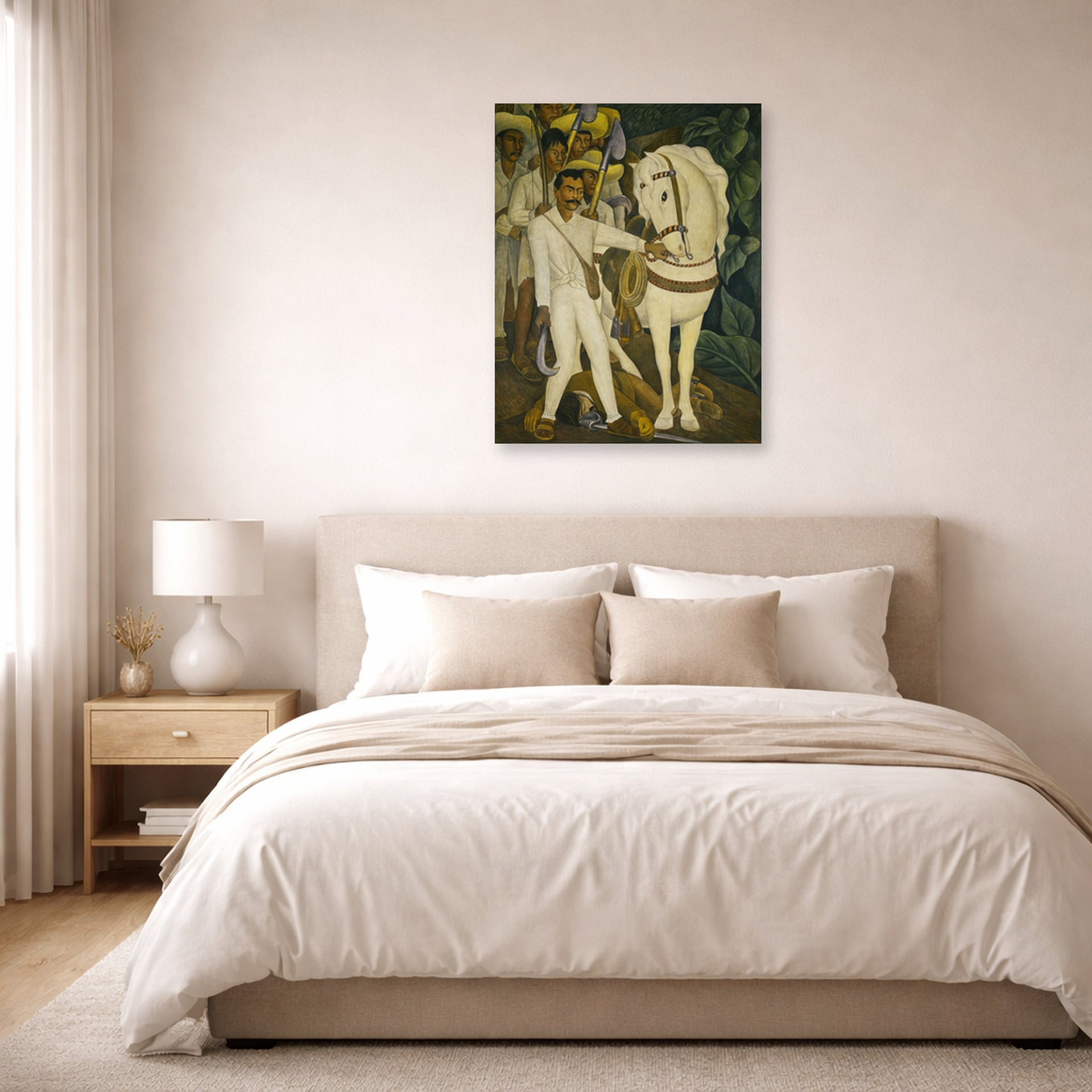 Unframed poster print of Diego Rivera's Agrarian Leader Zapata displayed on a wall in a bedroom