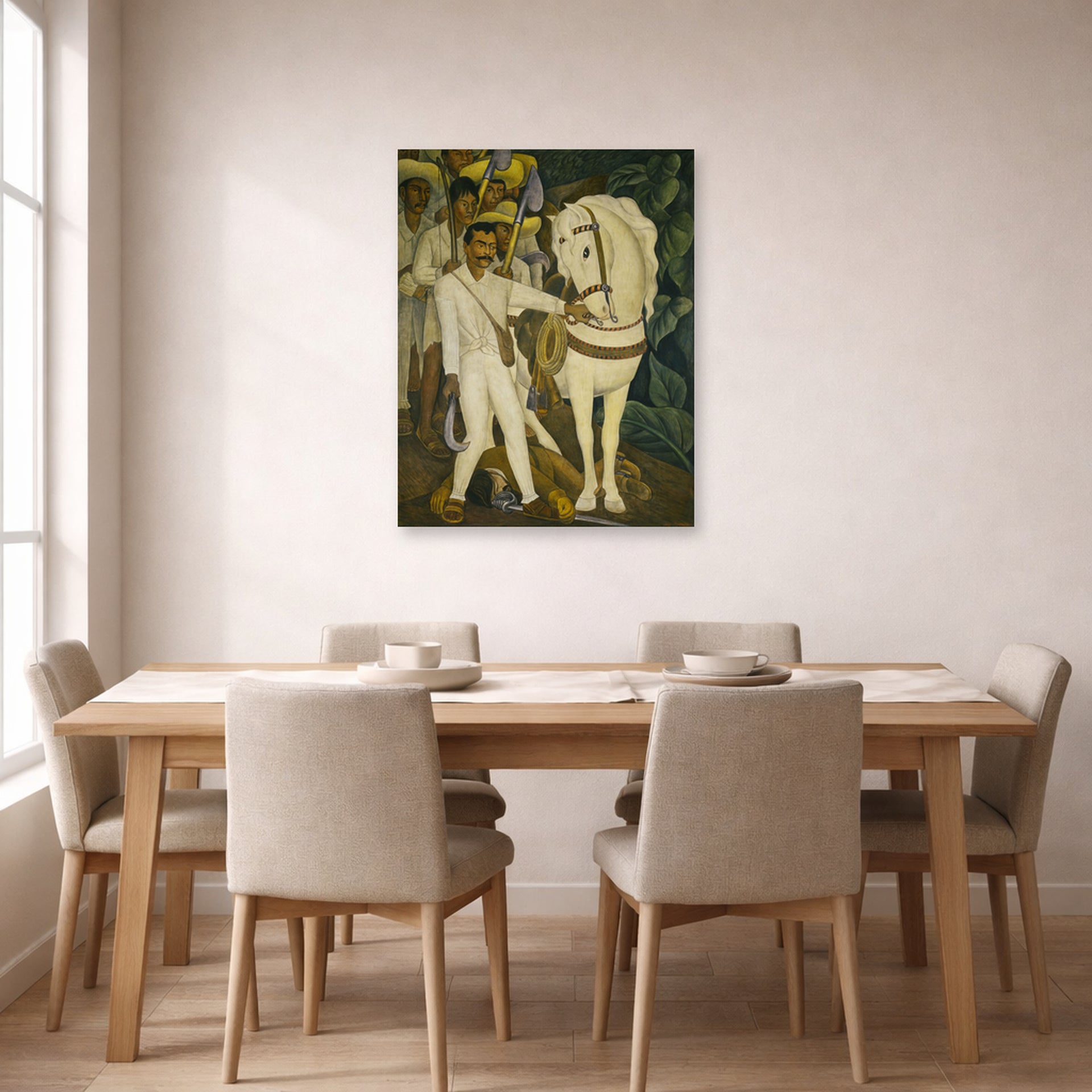Unframed poster print of Diego Rivera's Agrarian Leader Zapata displayed on a wall in a dining room