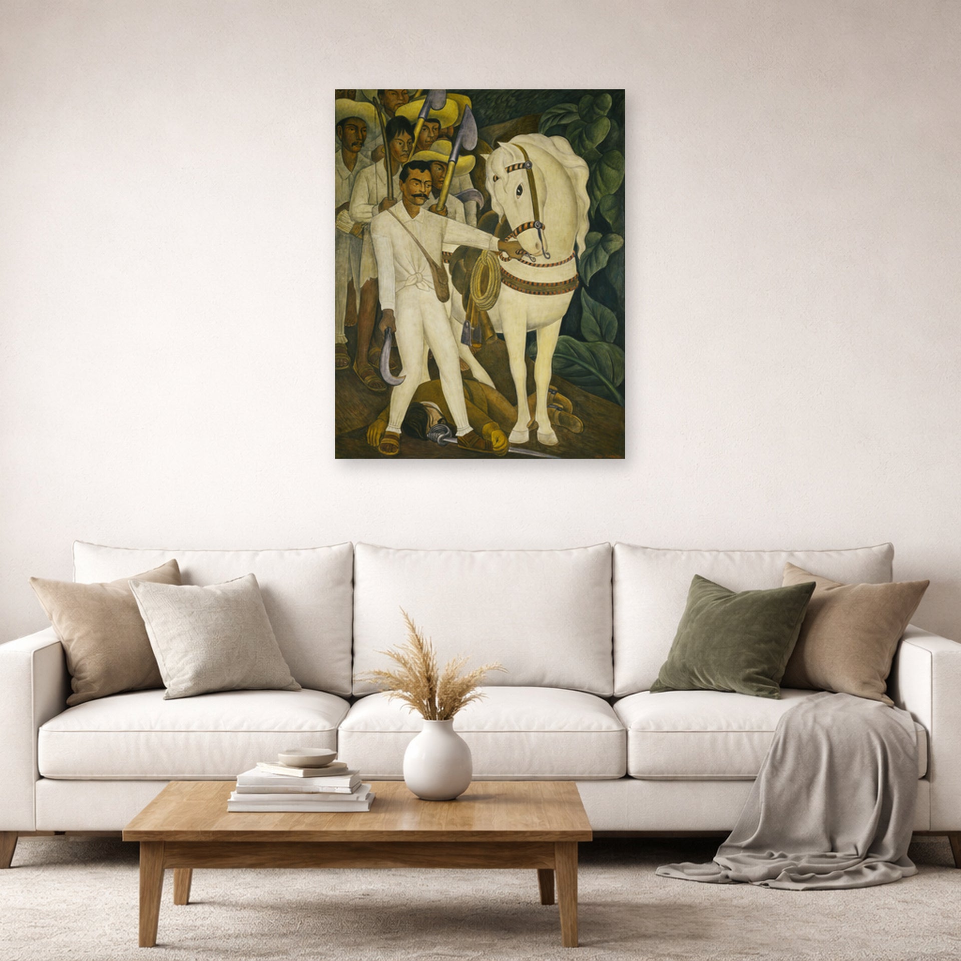 Unframed poster print of Diego Rivera's Agrarian Leader Zapata displayed on a wall in a living room