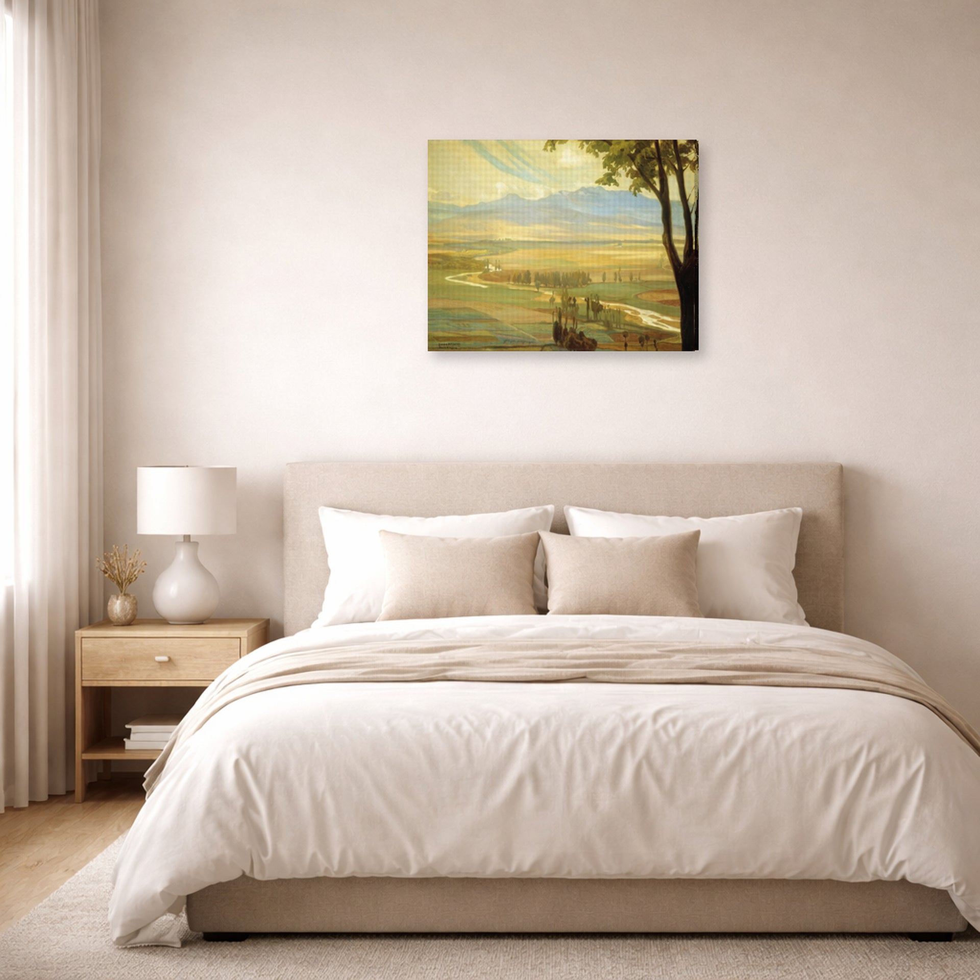 Gallery-wrapped canvas print of Diego Rivera's Avila Morning (The Ambles Valley) displayed on a wall in a bedroom