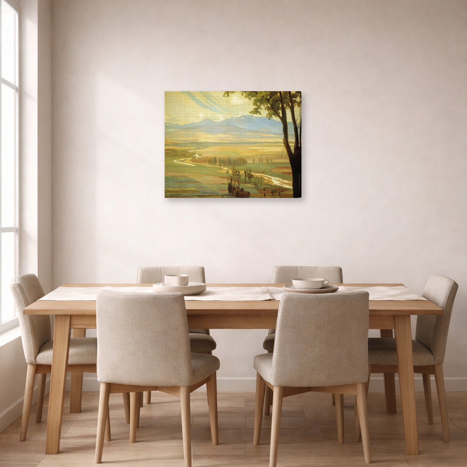 Gallery-wrapped canvas print of Diego Rivera's Avila Morning (The Ambles Valley) displayed on a wall in a dining room