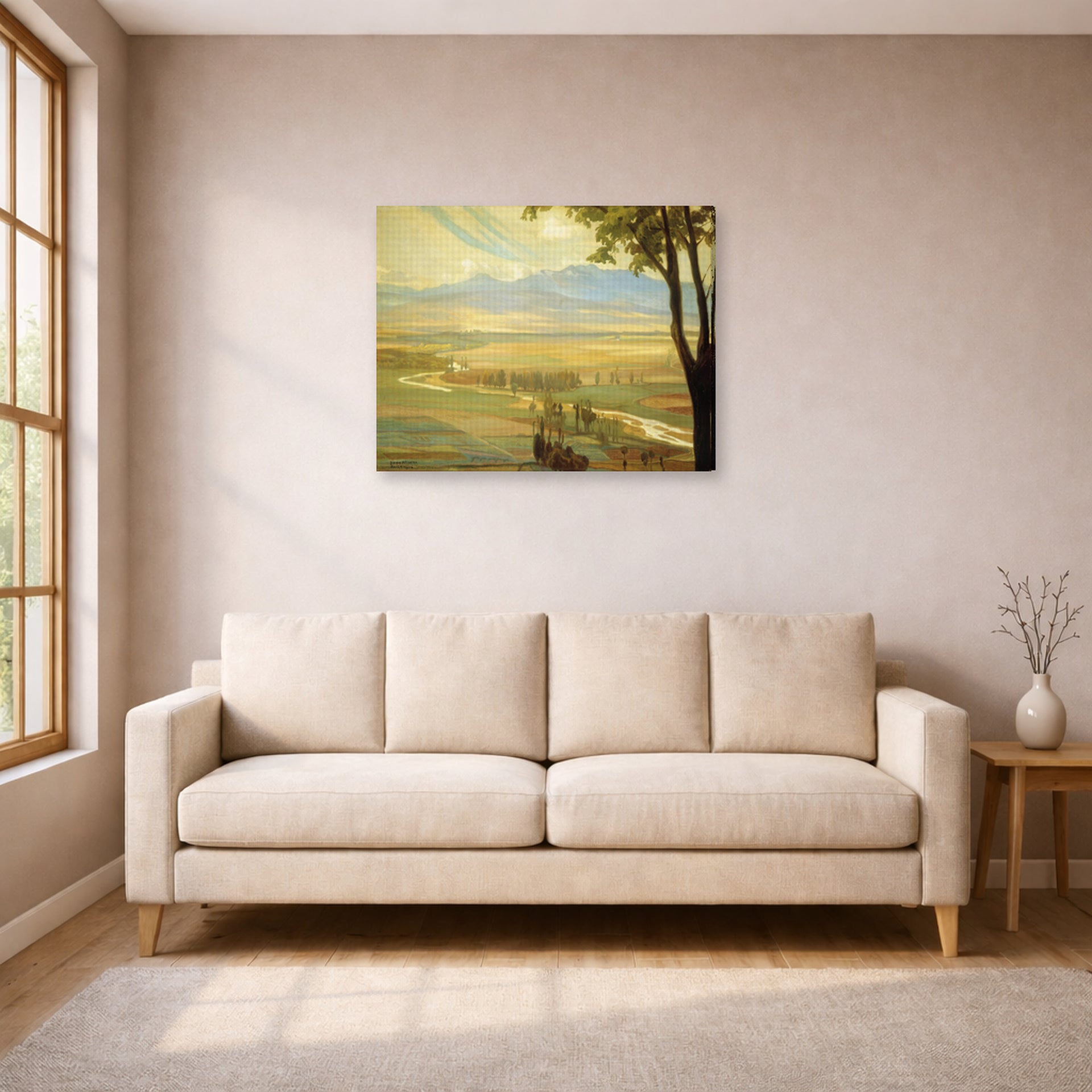 Gallery-wrapped canvas print of Diego Rivera's Avila Morning (The Ambles Valley) displayed on a wall in a living room