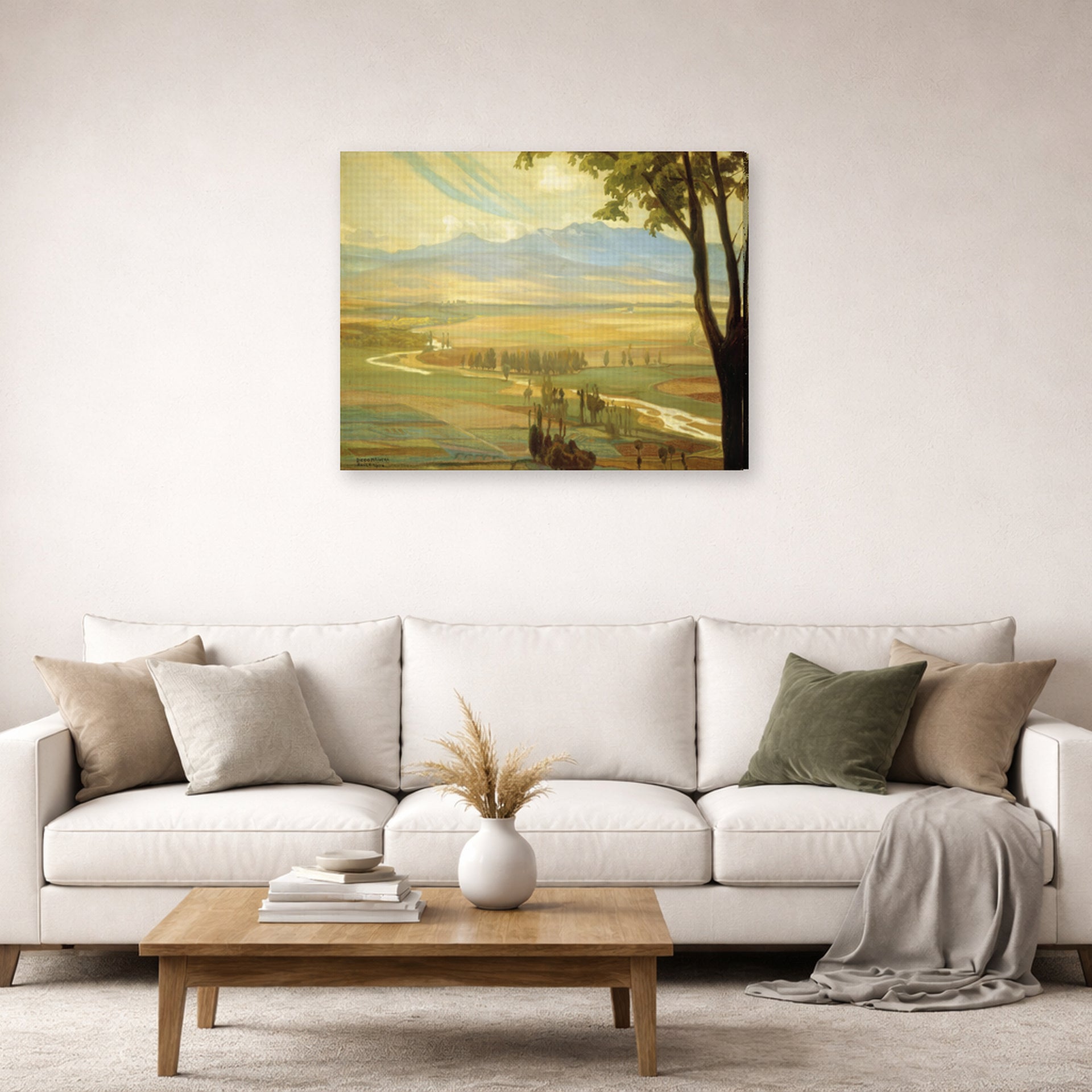 Gallery-wrapped canvas print of Diego Rivera's Avila Morning (The Ambles Valley) displayed on a wall in a living room