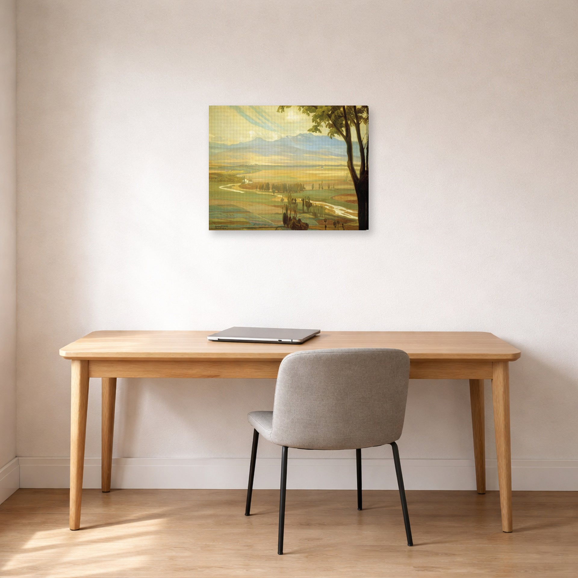 Gallery-wrapped canvas print of Diego Rivera's Avila Morning (The Ambles Valley) displayed on a wall in a home office