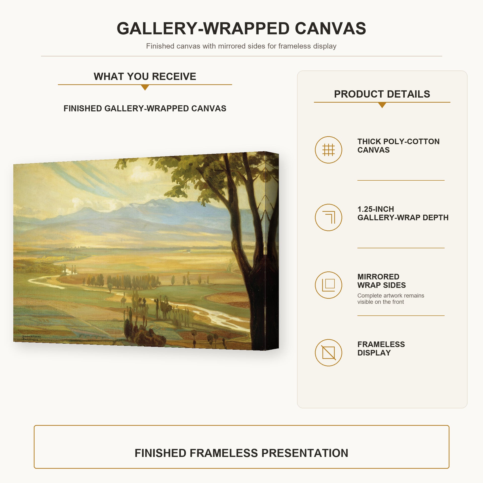 Diego Rivera - Avila Morning (The Ambles Valley) gallery wrap canvas construction and hanging details infographic