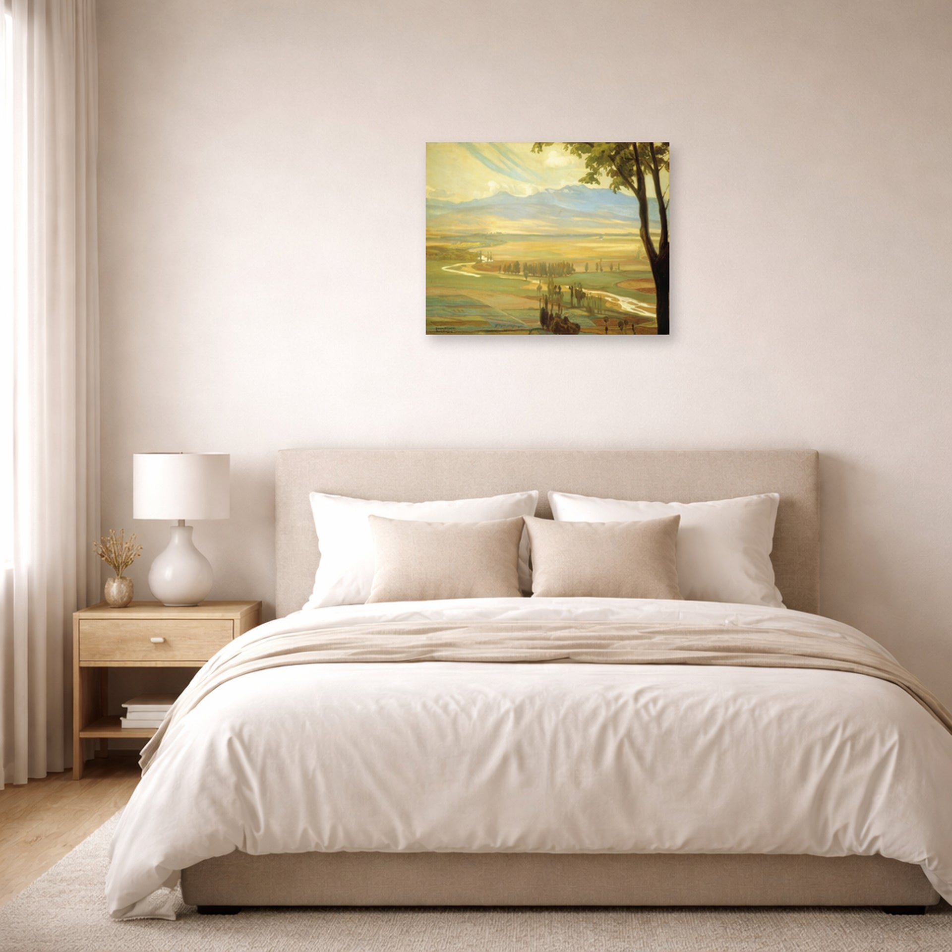 Unframed poster print of Diego Rivera's Avila Morning (The Ambles Valley) displayed on a wall in a bedroom