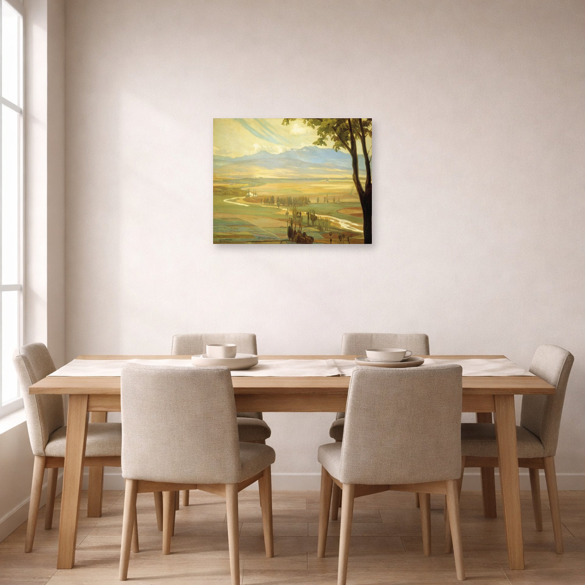 Unframed poster print of Diego Rivera's Avila Morning (The Ambles Valley) displayed on a wall in a dining room