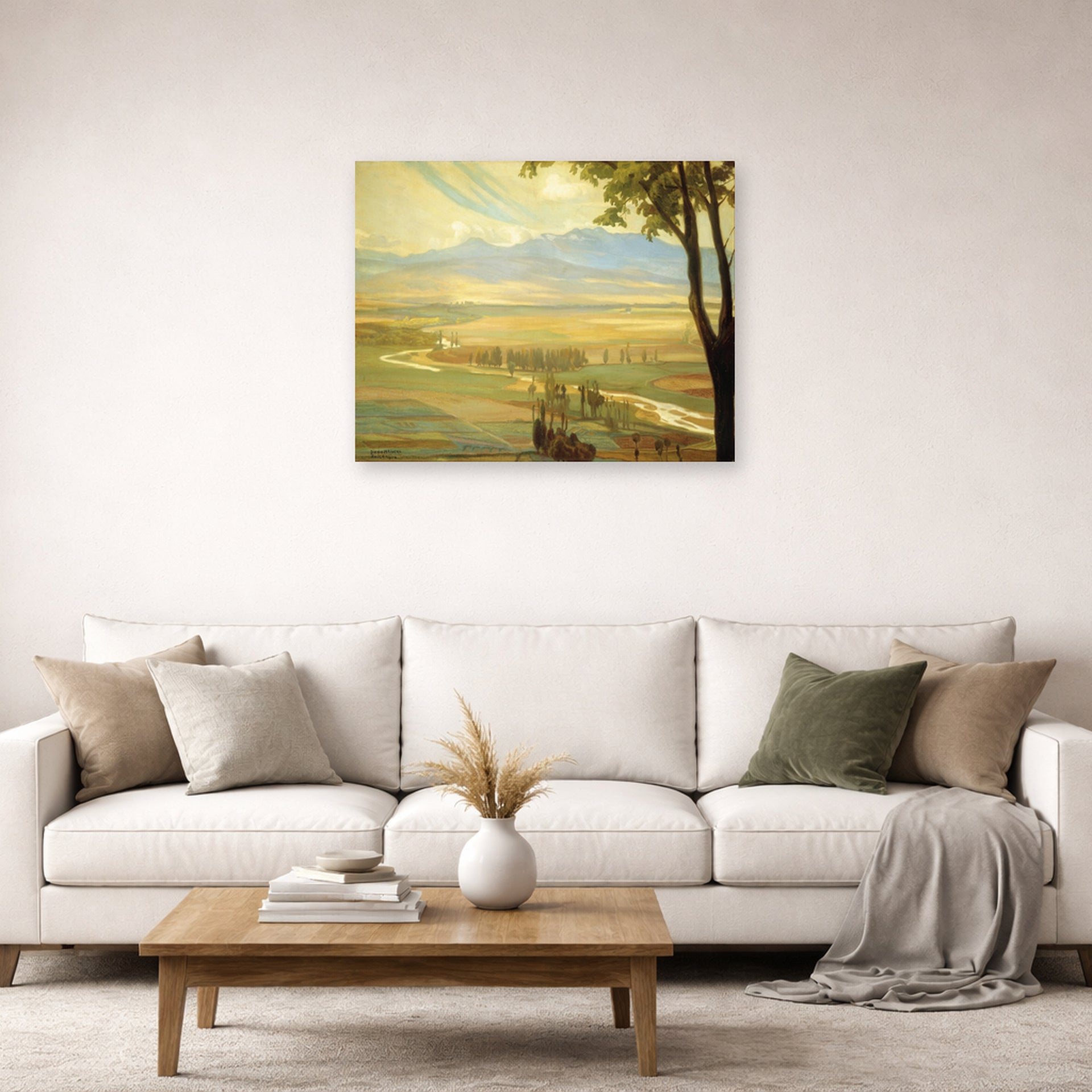 Unframed poster print of Diego Rivera's Avila Morning (The Ambles Valley) displayed on a wall in a living room