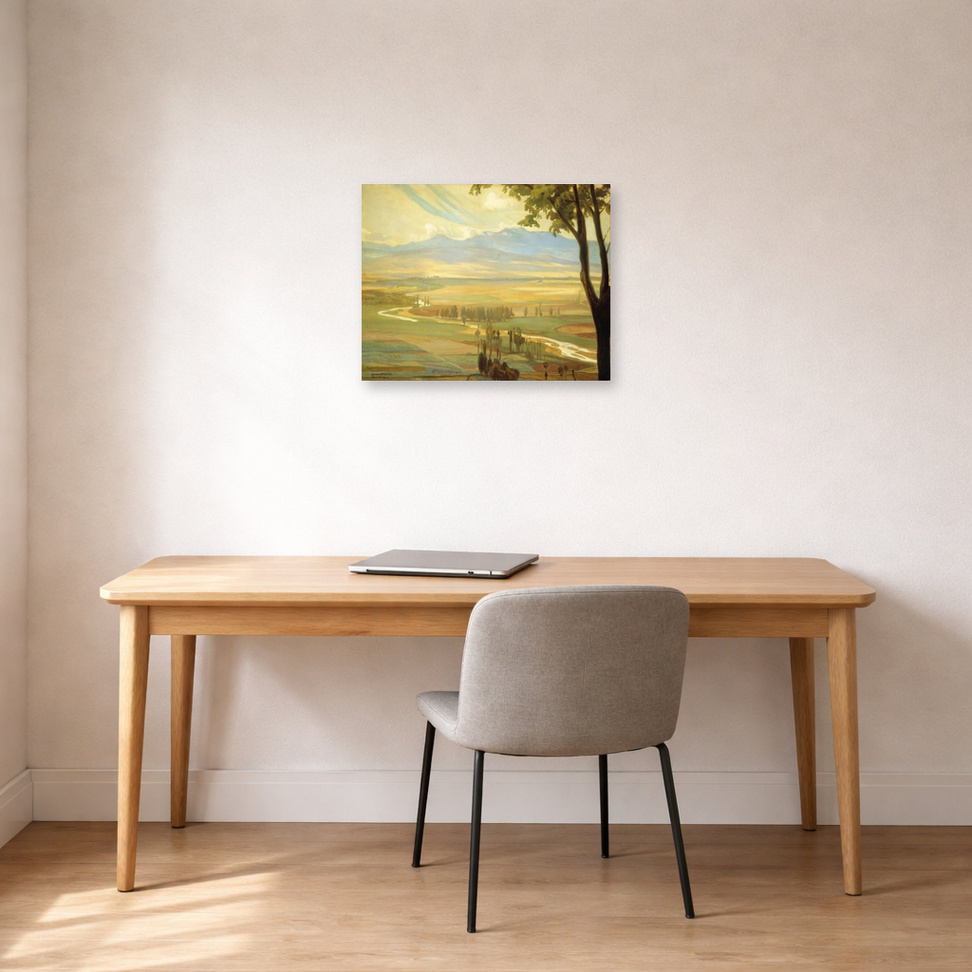 Unframed poster print of Diego Rivera's Avila Morning (The Ambles Valley) displayed on a wall in a home office