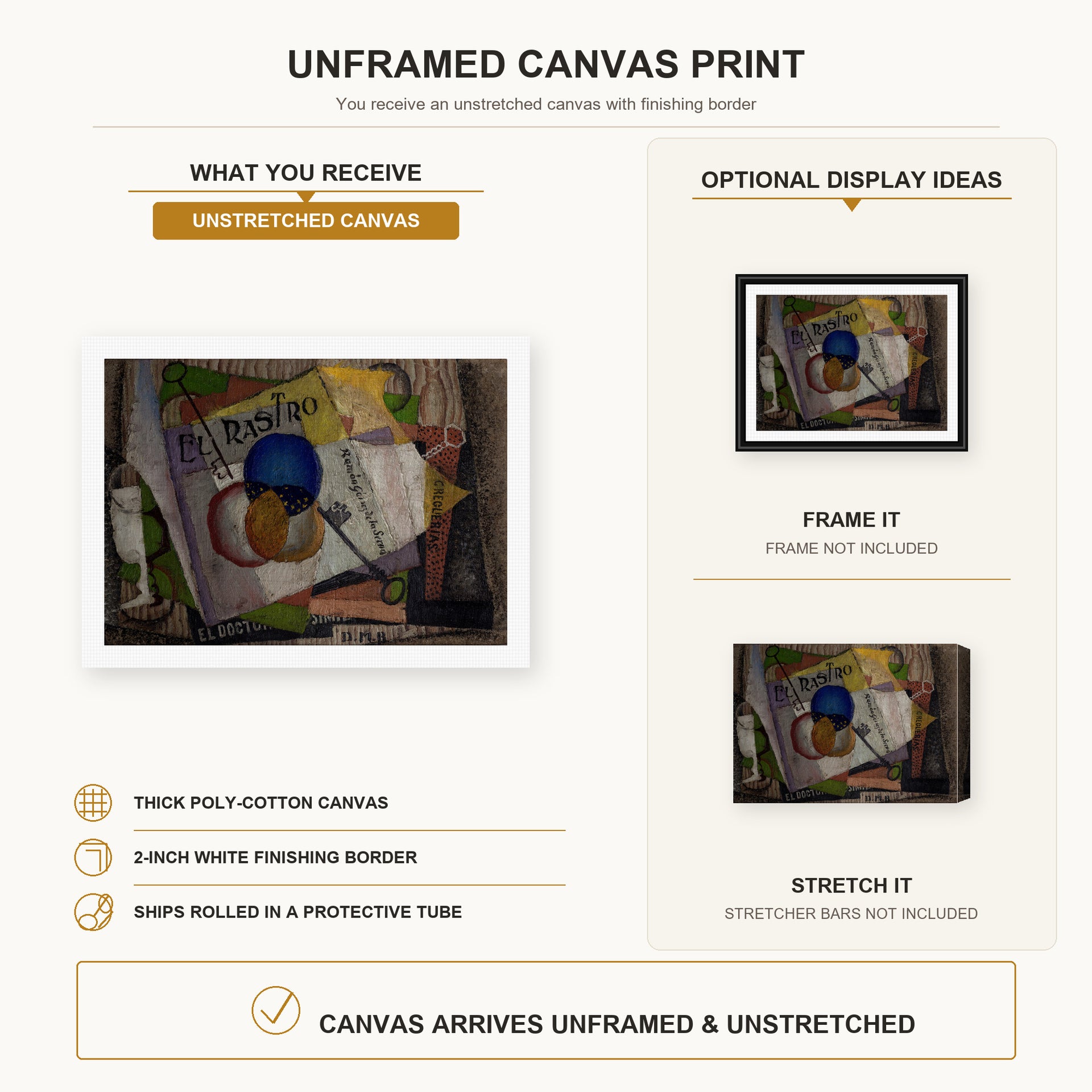 Diego Rivera - El Rastro canvas print size comparison and framing display infographic