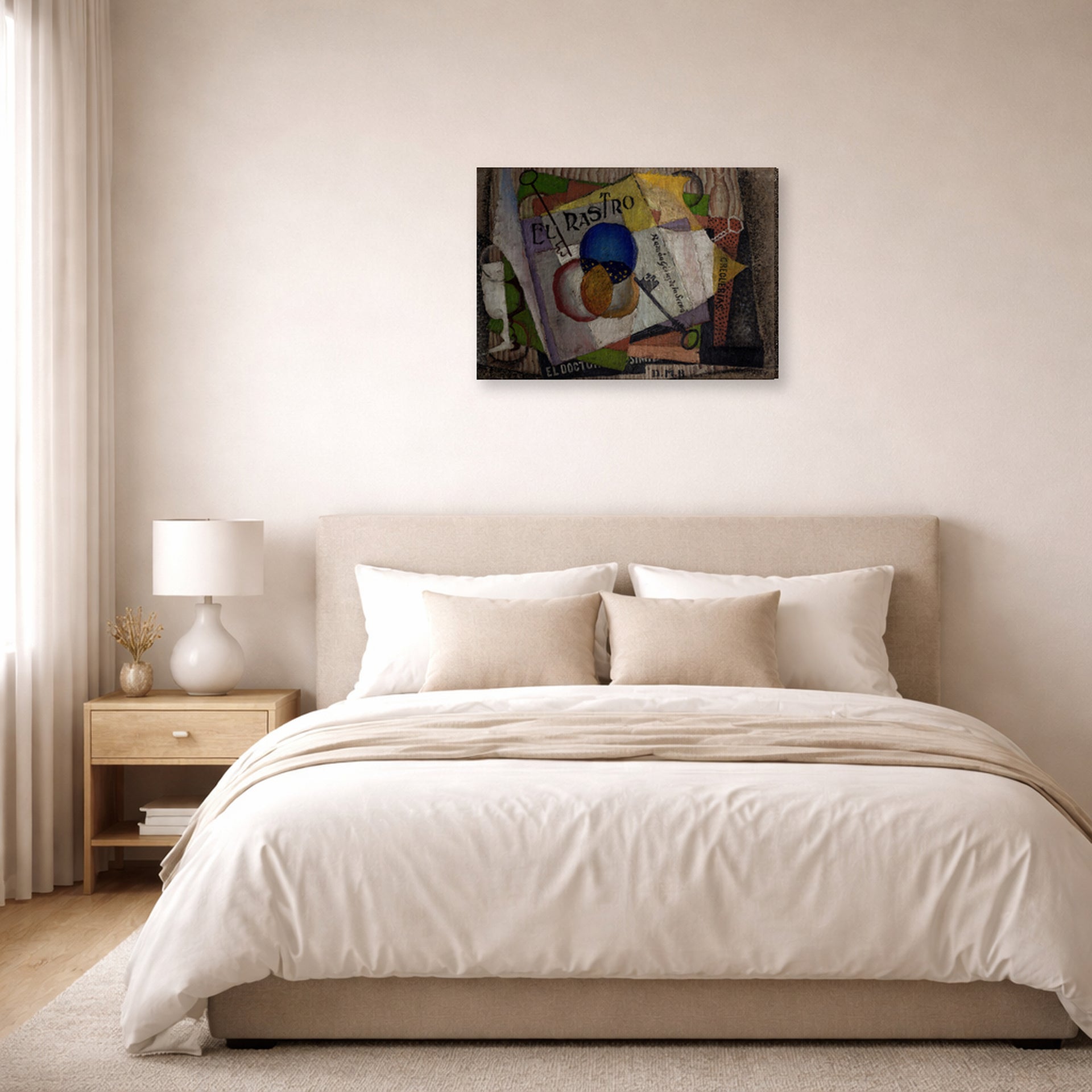Gallery-wrapped canvas print of Diego Rivera's El Rastro displayed on a wall in a bedroom