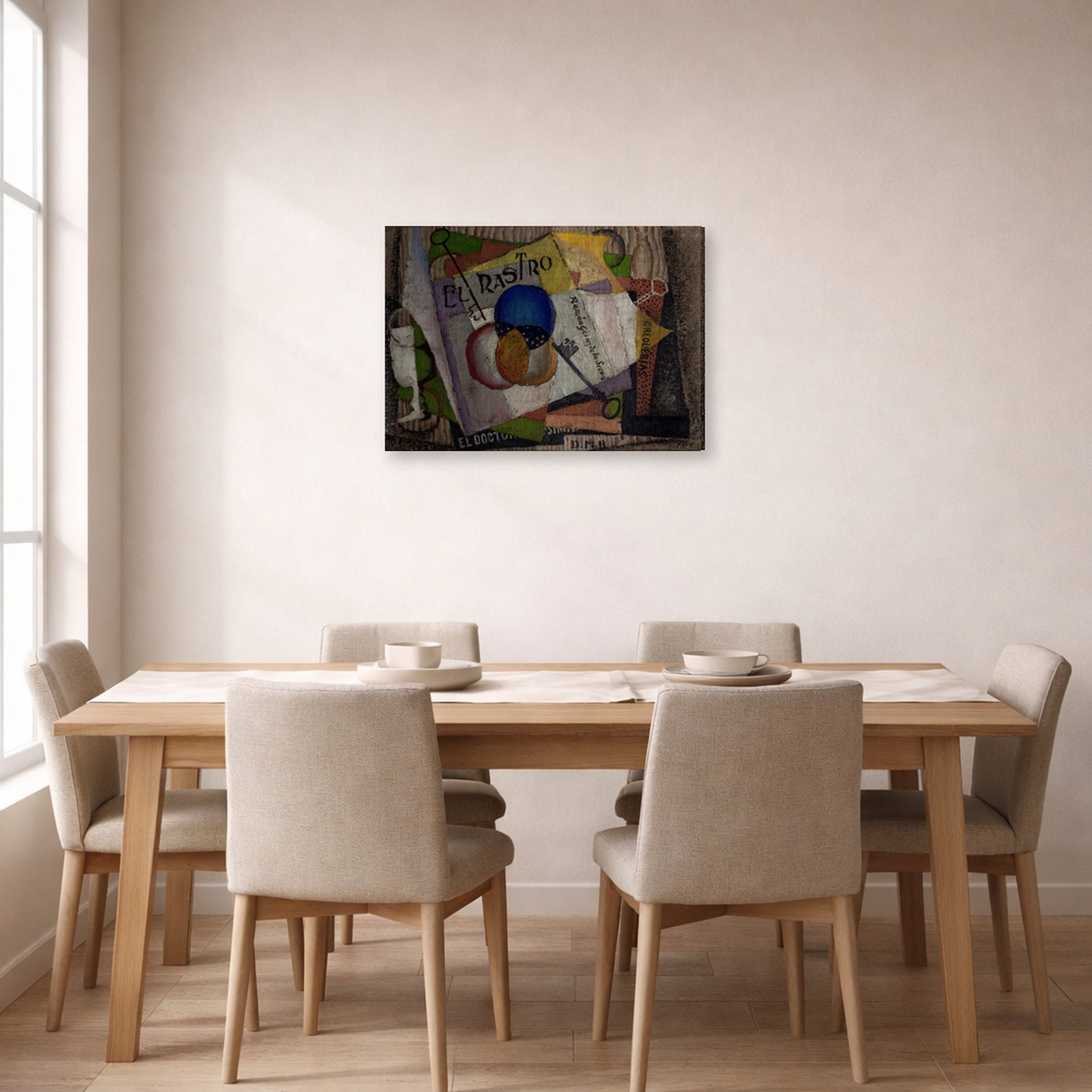 Gallery-wrapped canvas print of Diego Rivera's El Rastro displayed on a wall in a dining room
