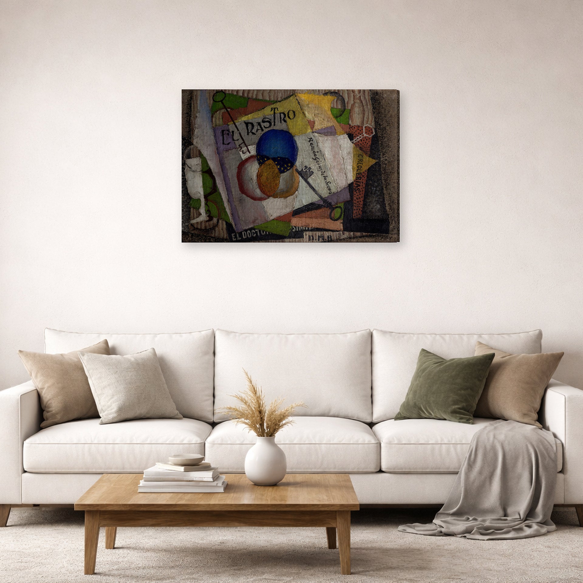 Gallery-wrapped canvas print of Diego Rivera's El Rastro displayed on a wall in a living room
