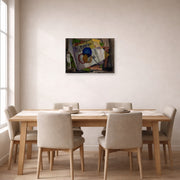 Unframed poster print of Diego Rivera's El Rastro displayed on a wall in a dining room