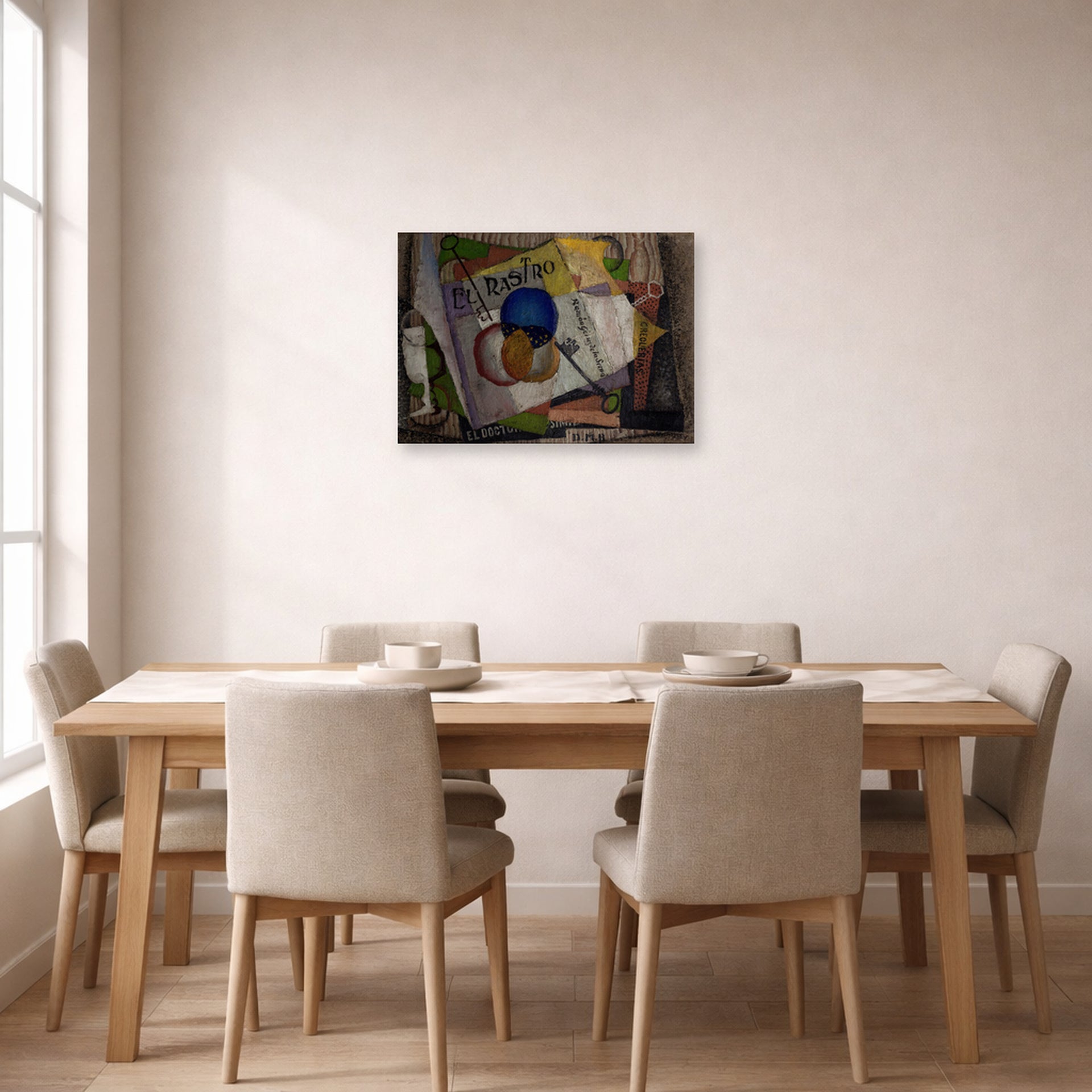 Unframed poster print of Diego Rivera's El Rastro displayed on a wall in a dining room