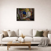 Unframed poster print of Diego Rivera's El Rastro displayed on a wall in a living room