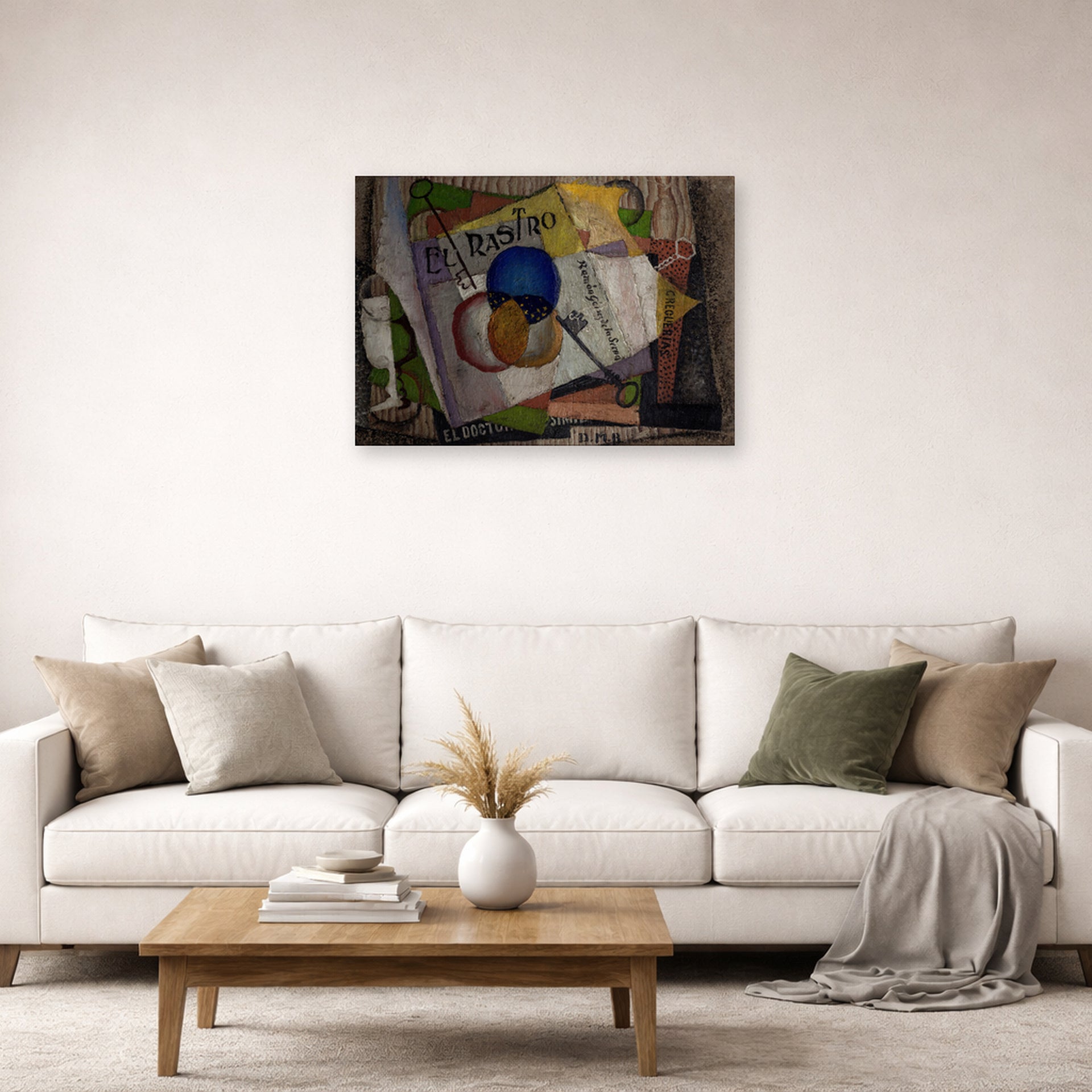 Unframed poster print of Diego Rivera's El Rastro displayed on a wall in a living room