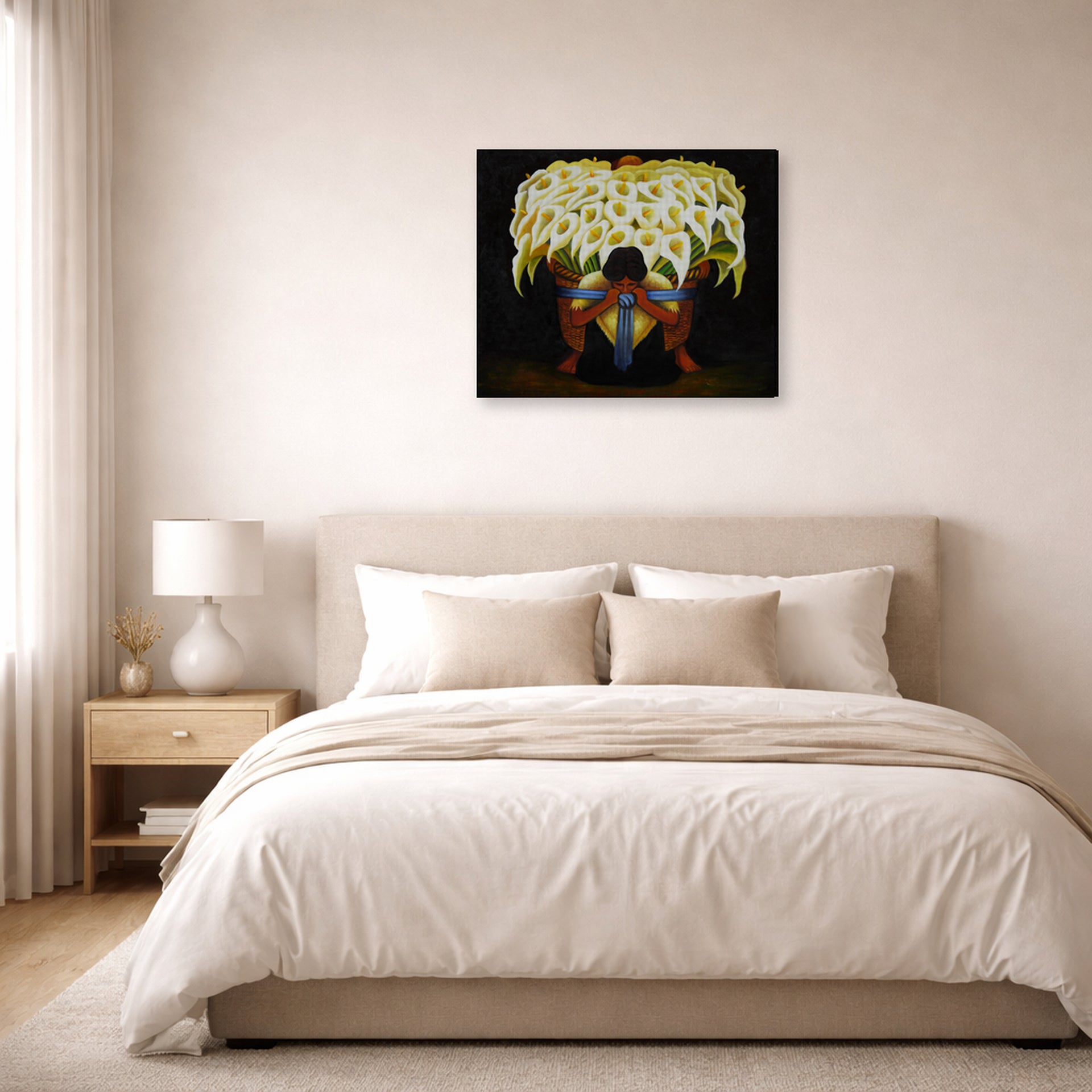 Gallery-wrapped canvas print of Diego Rivera's El Vendedor De Alcatraces displayed on a wall in a bedroom