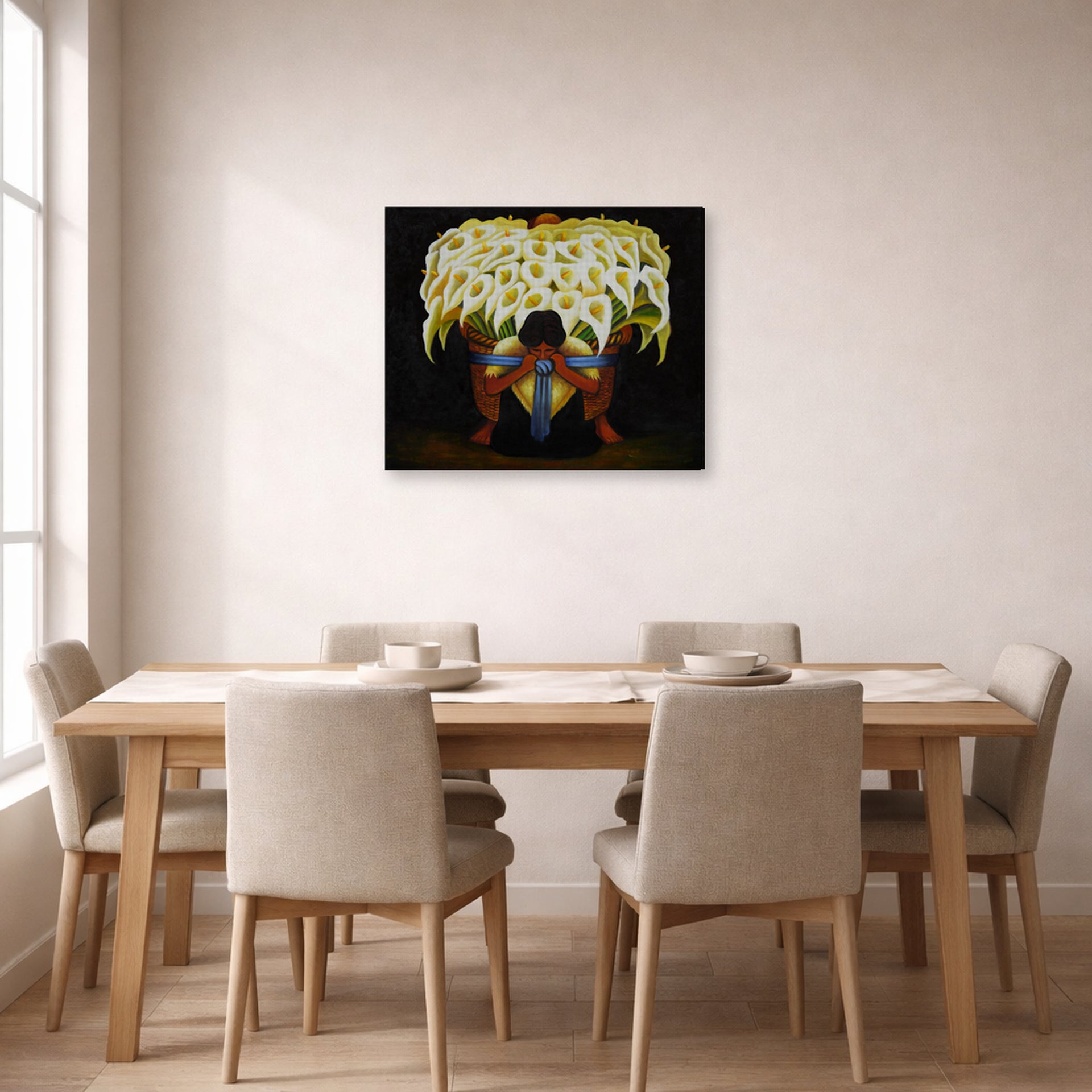 Gallery-wrapped canvas print of Diego Rivera's El Vendedor De Alcatraces displayed on a wall in a dining room
