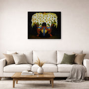Gallery-wrapped canvas print of Diego Rivera's El Vendedor De Alcatraces displayed on a wall in a living room