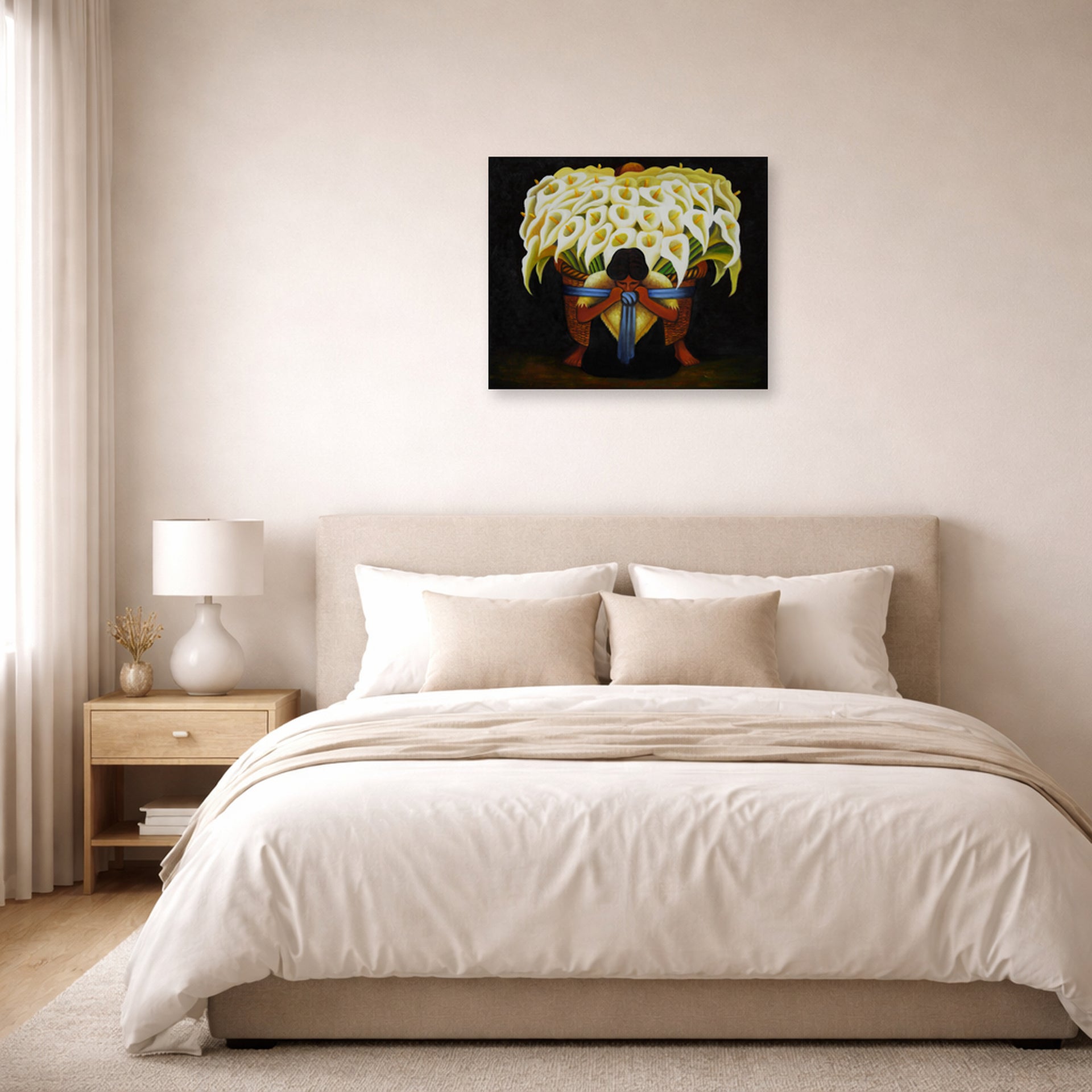 Unframed poster print of Diego Rivera's El Vendedor De Alcatraces displayed on a wall in a bedroom