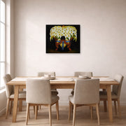 Unframed poster print of Diego Rivera's El Vendedor De Alcatraces displayed on a wall in a dining room