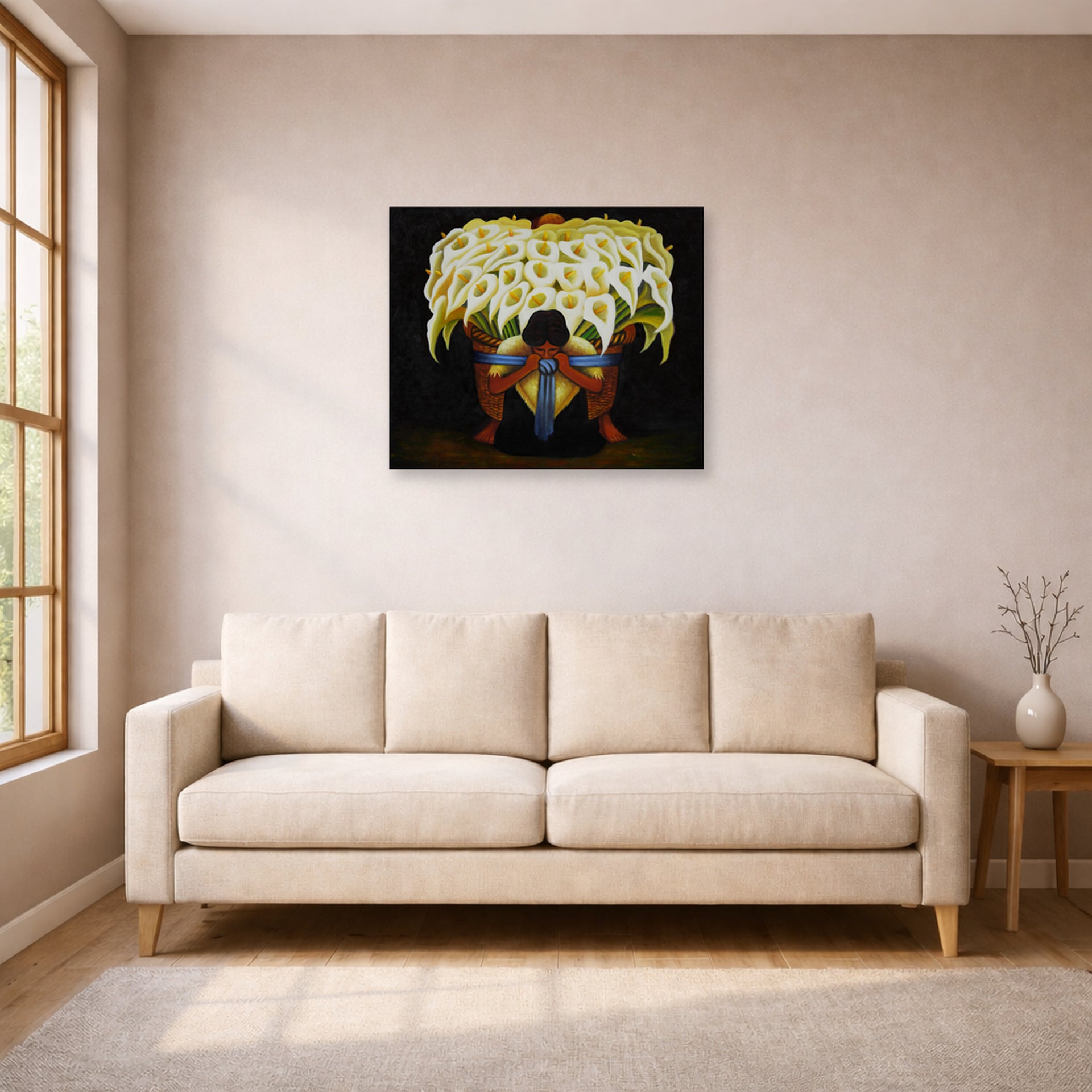 Unframed poster print of Diego Rivera's El Vendedor De Alcatraces displayed on a wall in a living room