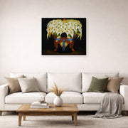 Unframed poster print of Diego Rivera's El Vendedor De Alcatraces displayed on a wall in a living room