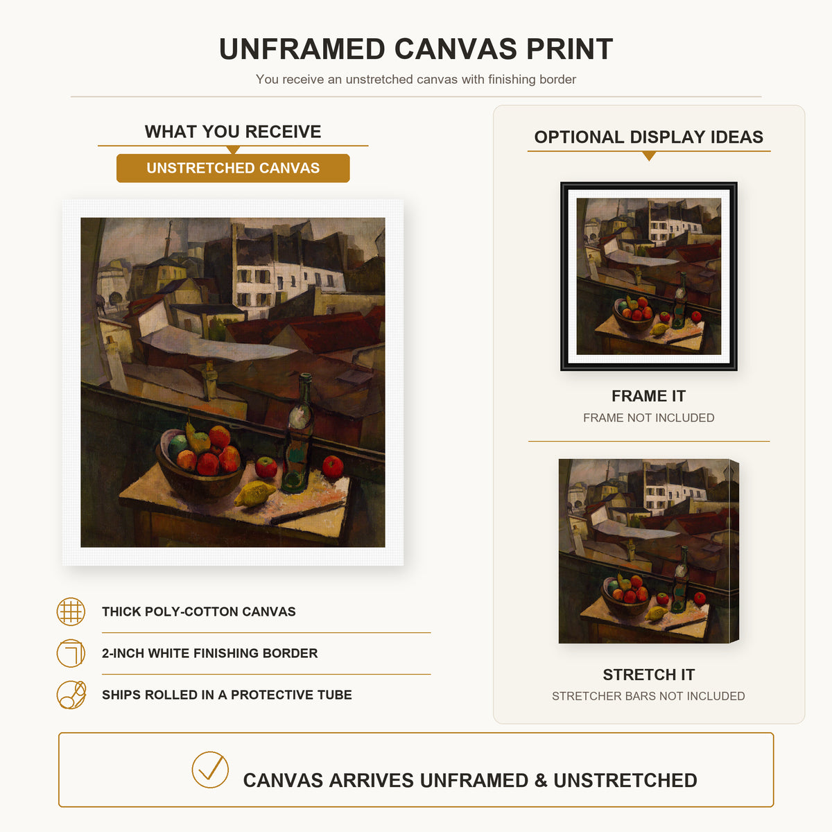 Diego Rivera - Knife and Fruit in Front of the Window canvas print size comparison and framing display infographic