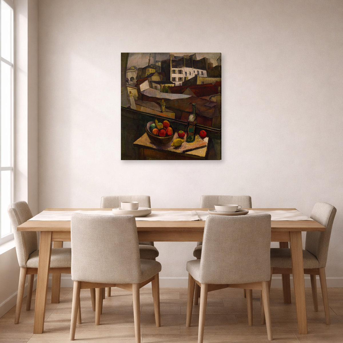 Gallery-wrapped canvas print of Diego Rivera's Knife and Fruit in Front of the Window displayed on a wall in a dining room