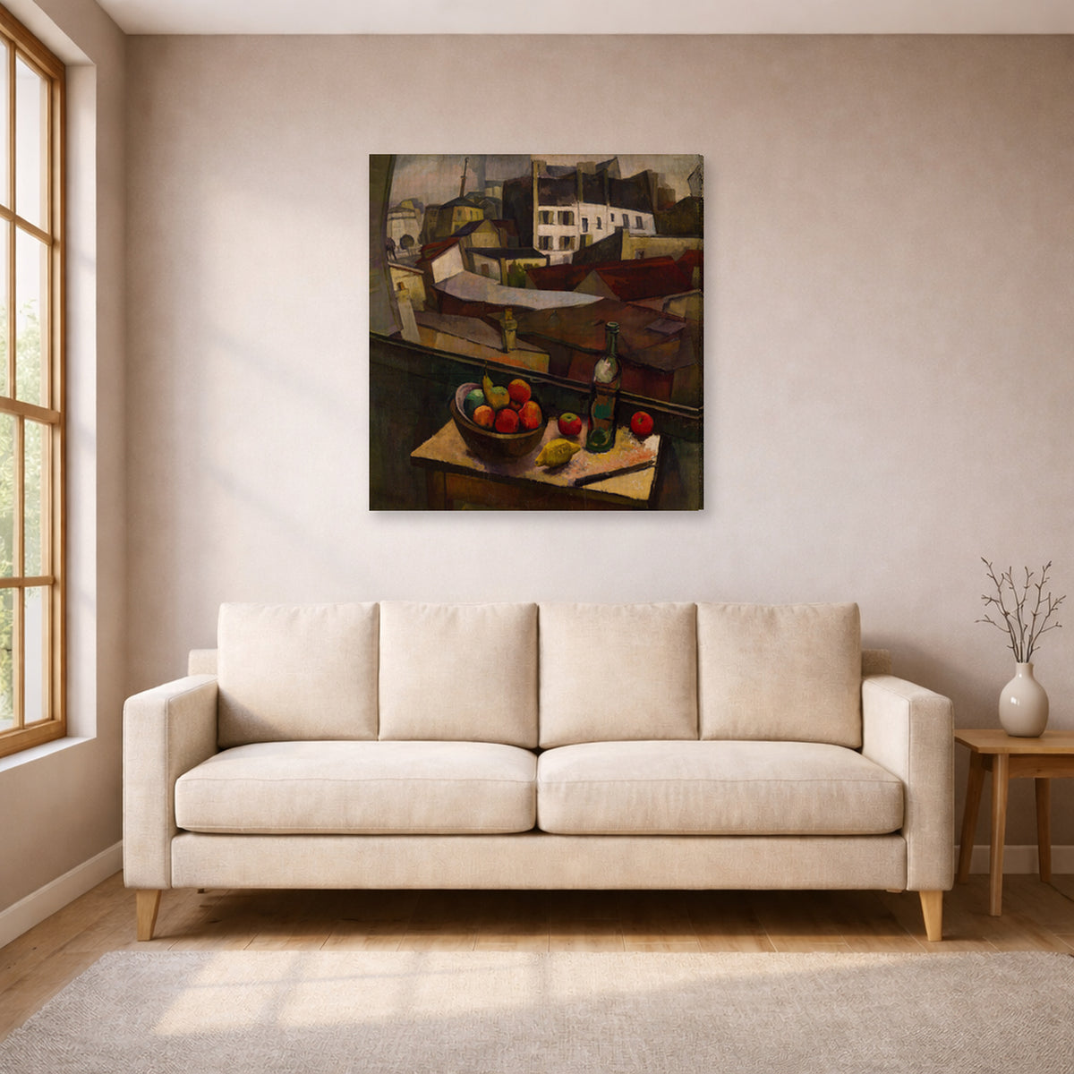 Gallery-wrapped canvas print of Diego Rivera's Knife and Fruit in Front of the Window displayed on a wall in a living room