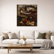 Gallery-wrapped canvas print of Diego Rivera's Knife and Fruit in Front of the Window displayed on a wall in a living room