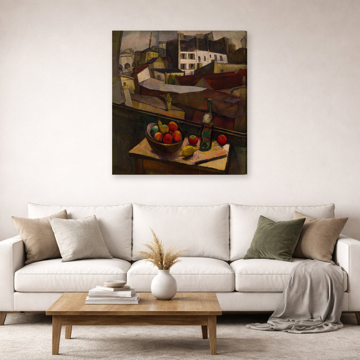 Gallery-wrapped canvas print of Diego Rivera's Knife and Fruit in Front of the Window displayed on a wall in a living room