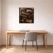 Gallery-wrapped canvas print of Diego Rivera's Knife and Fruit in Front of the Window displayed on a wall in a home office