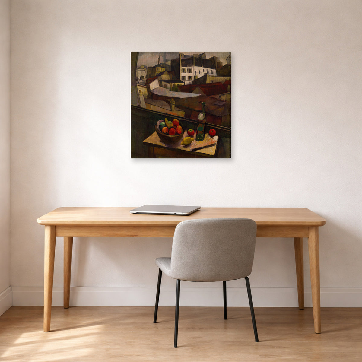 Gallery-wrapped canvas print of Diego Rivera's Knife and Fruit in Front of the Window displayed on a wall in a home office