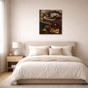 Unframed poster print of Diego Rivera's Knife and Fruit in Front of the Window displayed on a wall in a bedroom