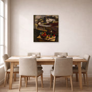 Unframed poster print of Diego Rivera's Knife and Fruit in Front of the Window displayed on a wall in a dining room